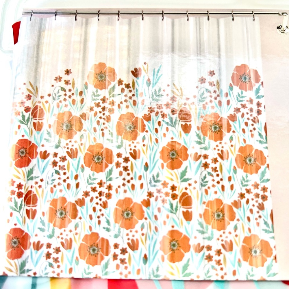 Faro Poppy Flower Garden Peva Shower Curtain Red Teal Golden Yellow Floral - Picture 10 of 10